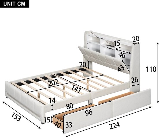 Afmetingen van een wit gestoffeerd bed met lades. Het bed is 224 cm lang, 153 cm breed en 110 cm hoog.