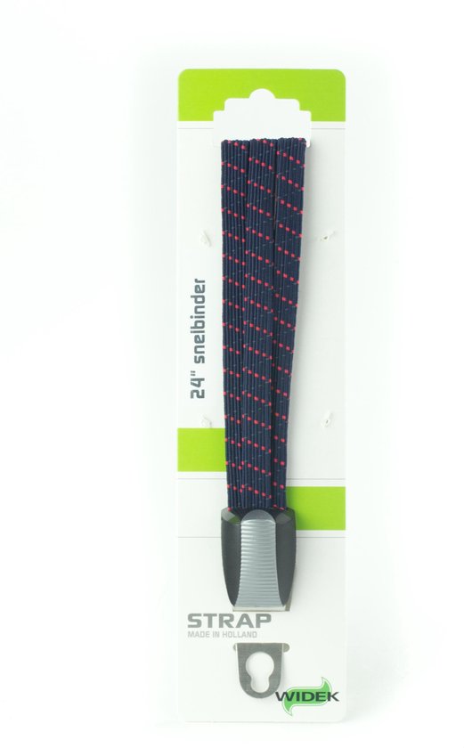 24" snelbinder donkerblauw met rode stippen, verpakt.