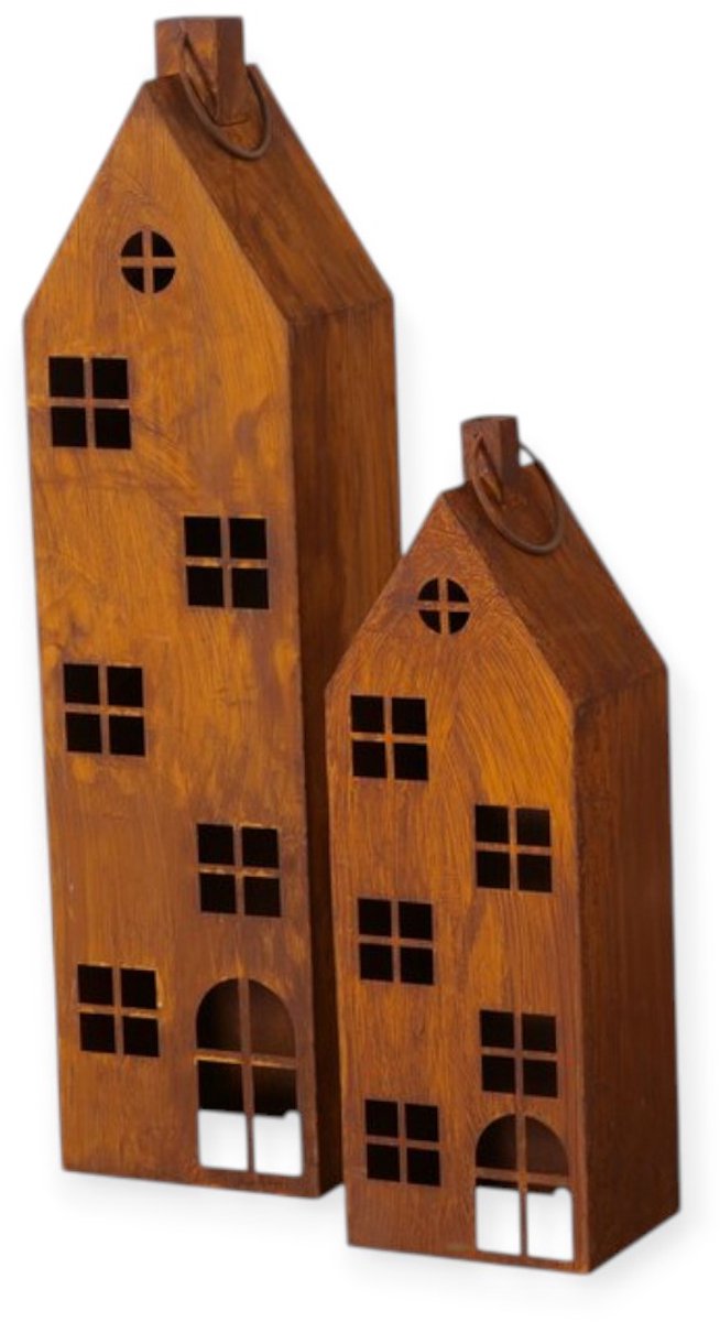 Boltze - Kaarsenhuizen - Decoratieve huizen - Windlicht - Set van 2 - 90 en 60 cm hoog - Ecoroest