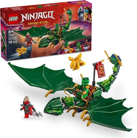 LEGO NINJAGO Lloyd's groene bosdraak set. Groene draak met vleugels, LEGO figuren Lloyd, Drakenbaby en vijand.