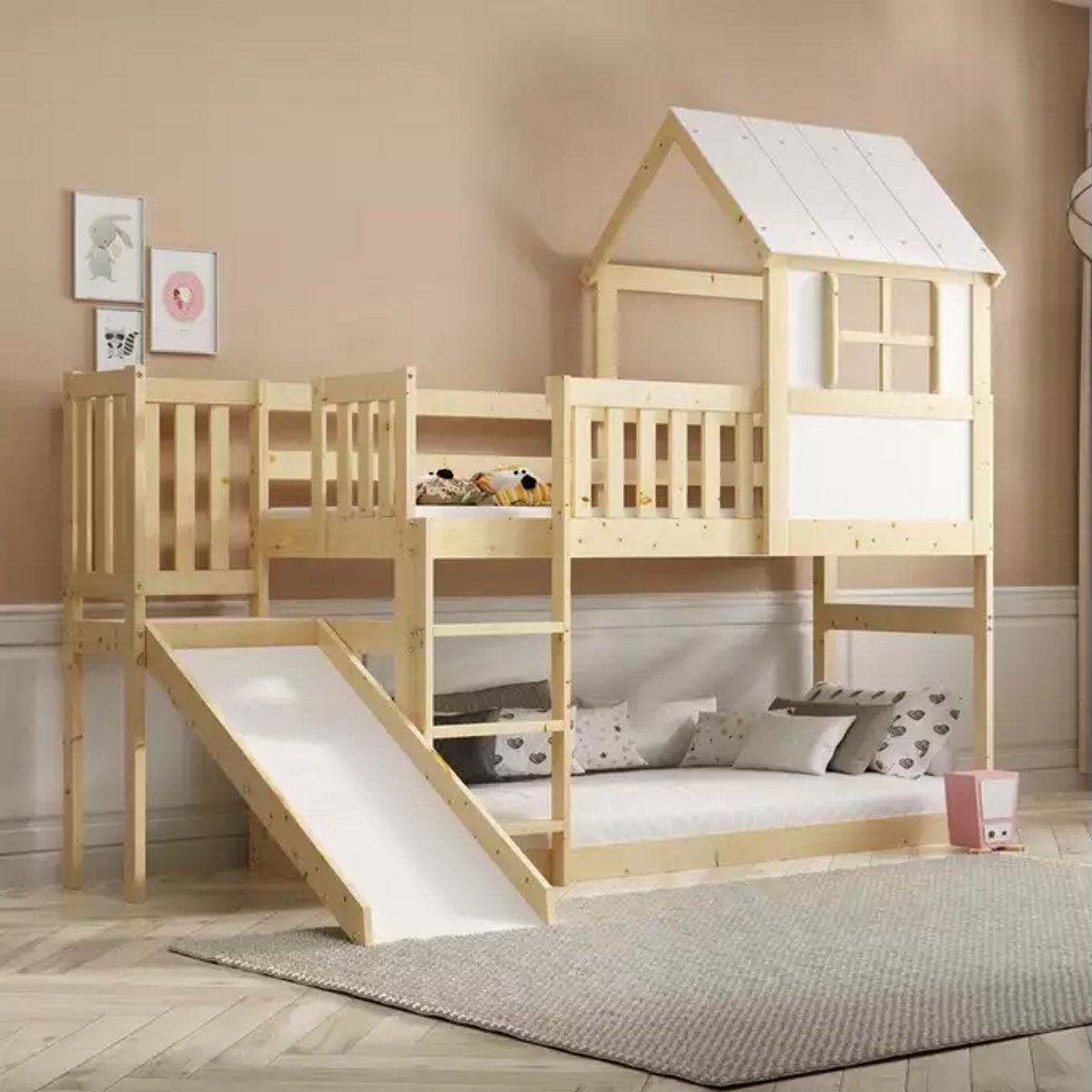 BMS Bunk Bed - Natural Wood 90x200 with Slide & Mattress