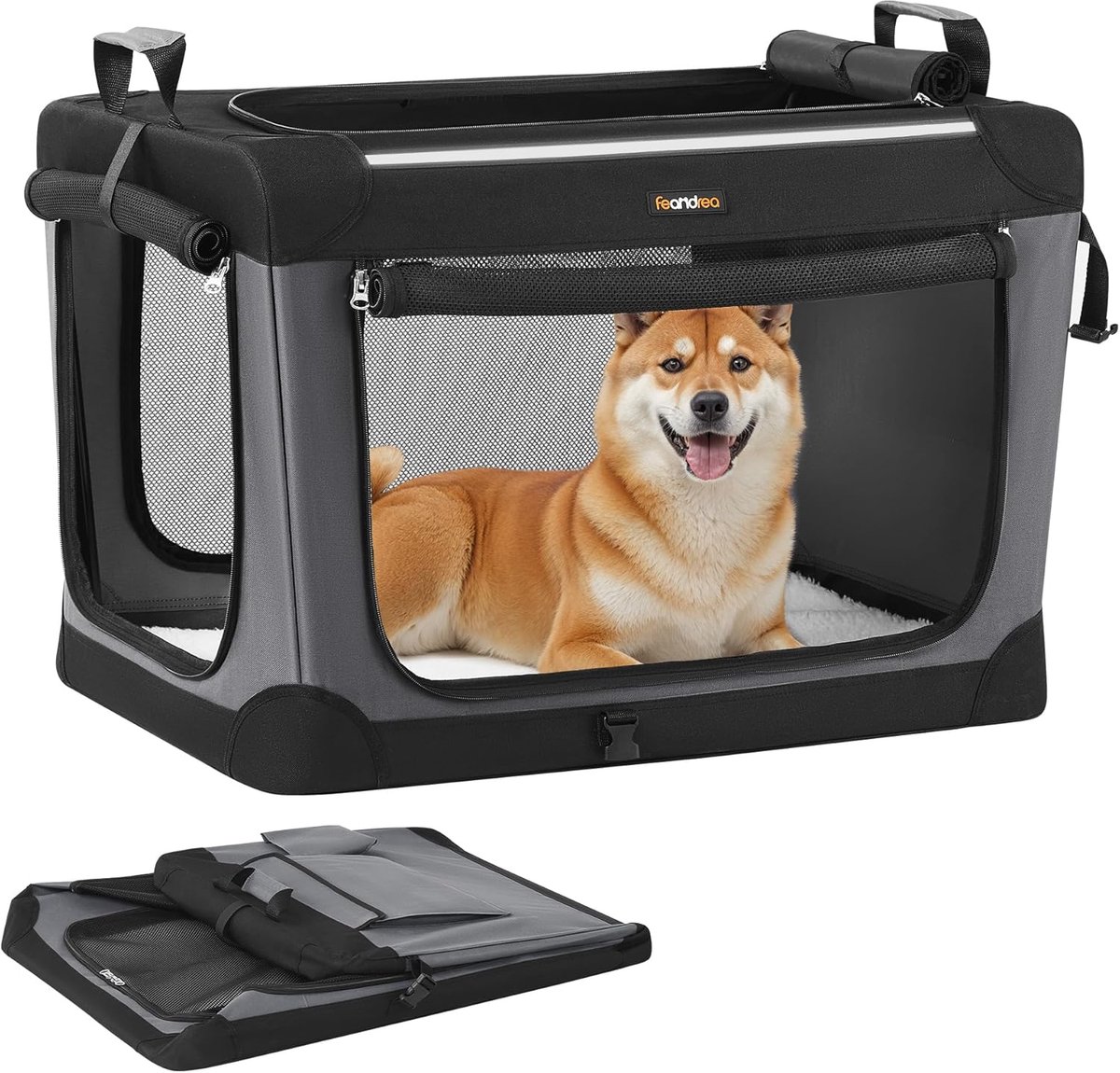 Feandrea - Opvouwbare Hondenbench - transportbox - 76x53x53 cm - voor middelgrote honden - 4 gaasdeuren - handgrepen - zwart