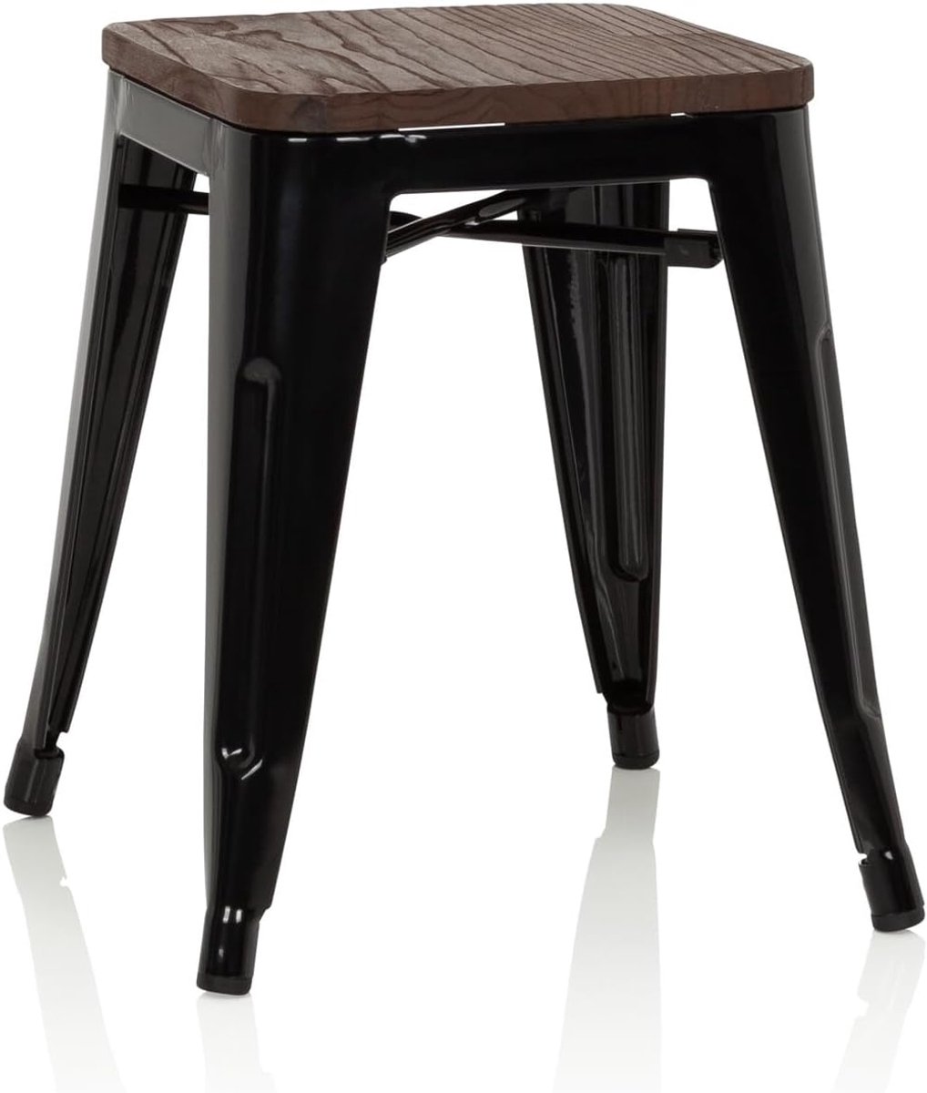 Stapelbare metalen kruk met houten zitting in industrieel design