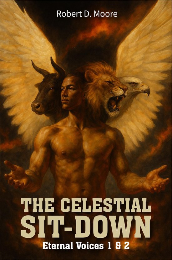Couverture de livre : homme avec tête de lion, taureau et aigle, avec des ailes. Titre : The Celestial Sit-Down.