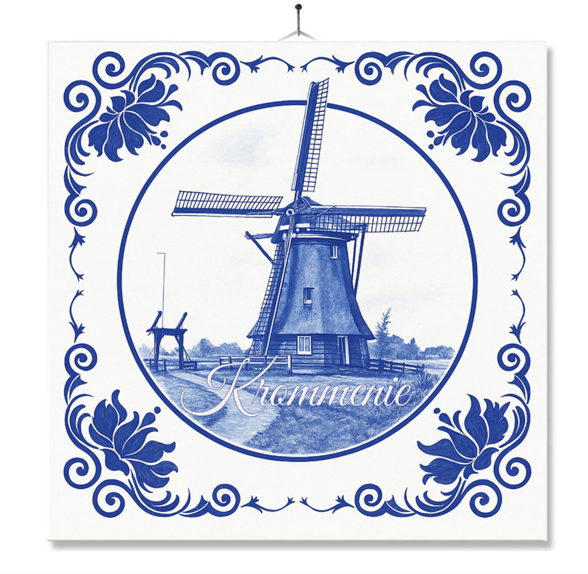 Tegel Met Opdruk | Krommenie | Delft Blauw | Cadeau | Inclusief Geschenkdoos | Standaard | Ophangsysteem