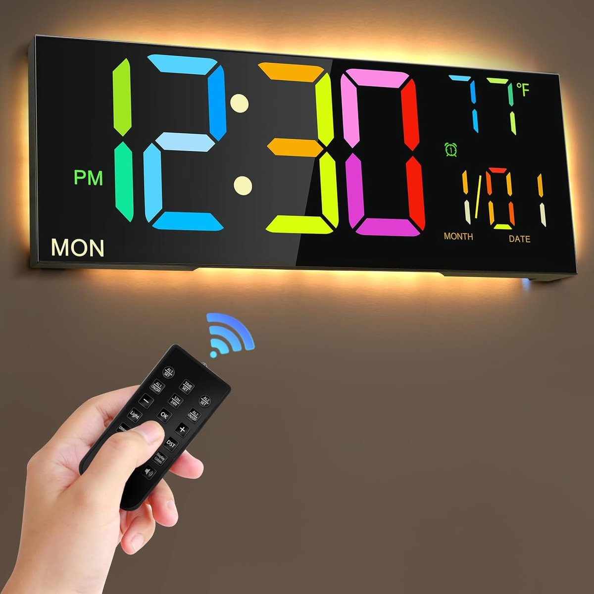 Kleurige 13 inch digitale wandklok met afstandsbediening en helderheid instelling