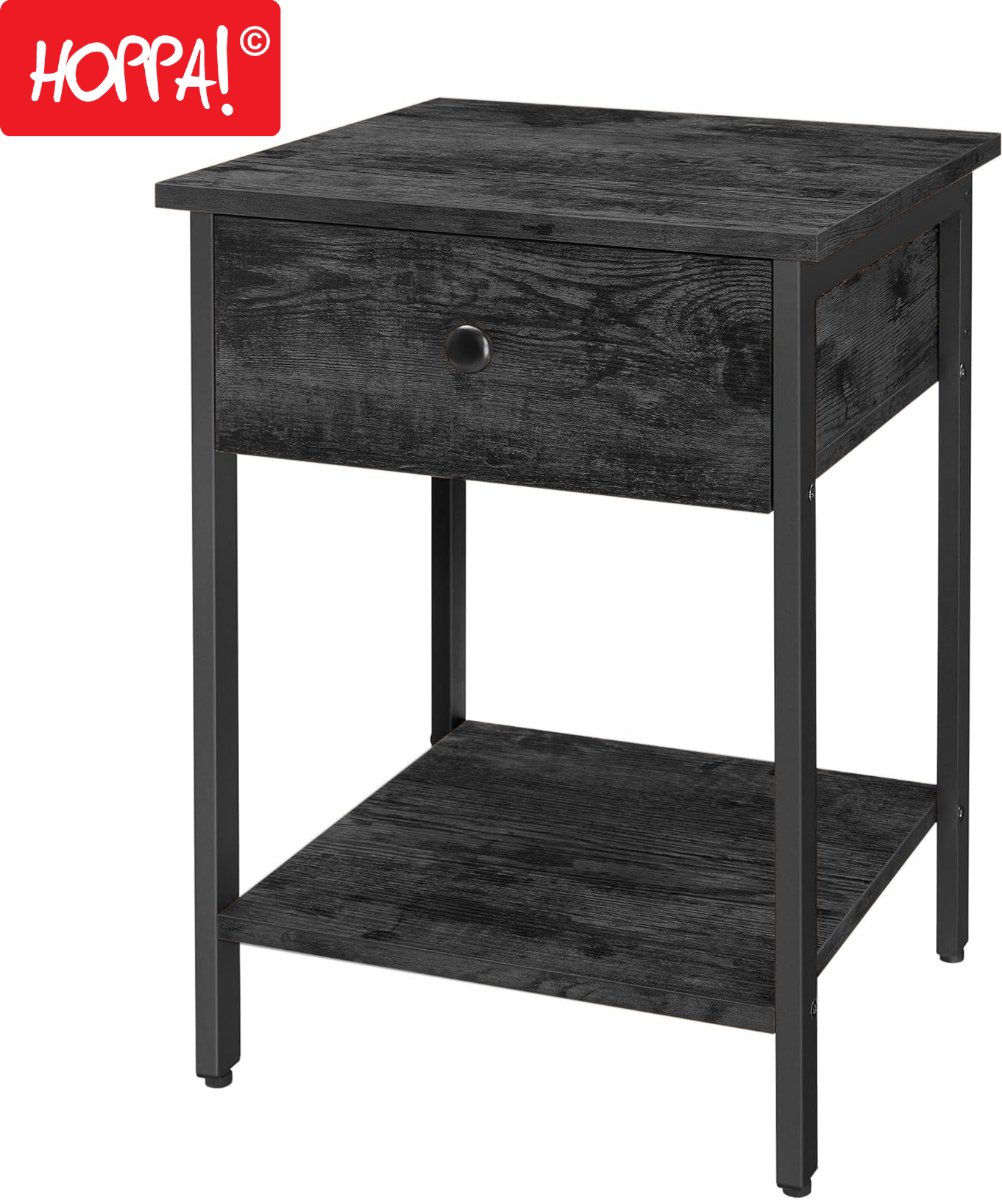 Hoppa! Vintage nachtkastje/bijzettafel – Zwart metaal - 41 x 41 x 56 cm (B x D x H)