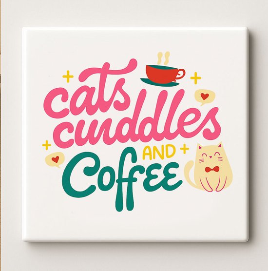 Keramische Quote Tegel 15x15cm – “Cats, Cuddles and Coffee” Schattig Kat & Koffiekopje Ontwerp – Perfect Cadeau voor Kattenliefhebbers & Koffiefans