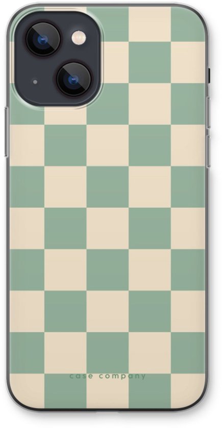 Zacht telefoonhoesje met beige en mintgroen dambordpatroon.