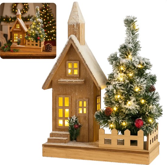 Cheqo® Verlicht Kersthuisje - Kersthuis met LED Verlichting - Warm Wit - Werkt Op Batterijen - Houten Kersthuis - Kerstdecoratie - Kersthuisjes En Kerstdorpen - Aanloopsnoer - Kerstornament Kerstdorp - Sfeerverlichting - Winterdecoratie