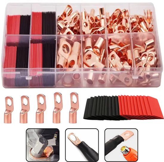 Kit de 100 Set à anneau en cuivre avec gaine thermorétractable – AWG 4 6 8 10 12 – Connecteurs de câble de batterie – Kit de cosses de batterie – Comprend 50 Gaines thermorétractables