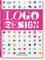 Boek 'Logo Design' met veel gekleurde logo's op een roze omslag