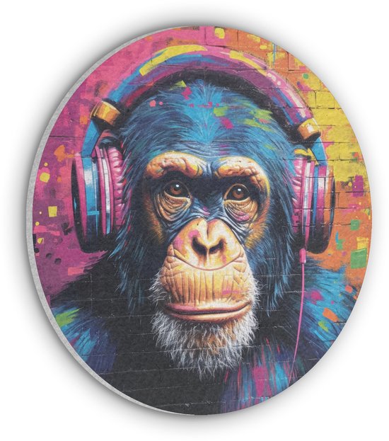 Akoestisch wandpaneel rond 30x30 cm - Vilt schilderij Graffiti - Chimpansee - Street art - Koptelefoon - Aap - Ronde akoestische panelen - Geluidsdempende wanddecoratie - Geluidsisolatie wandcirkel - Muurdecoratie geluidspanelen