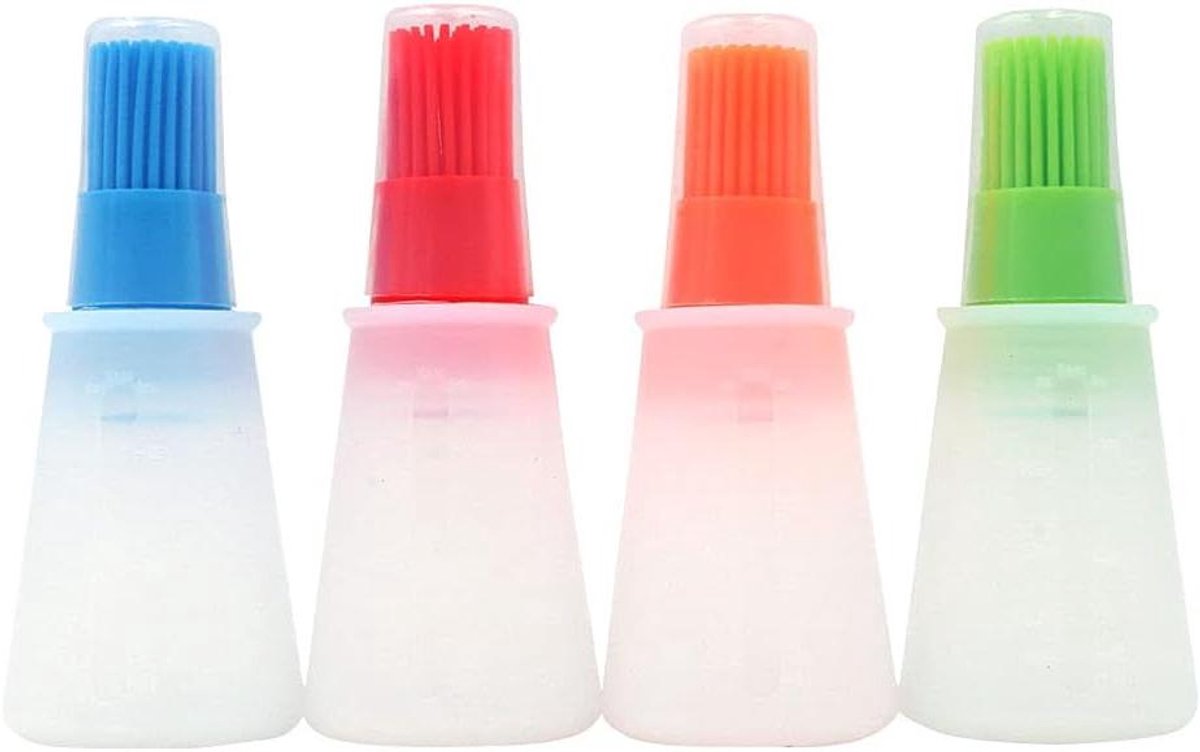 Image of 4 Kleuren Siliconen Olie Flessenborstel Set met Deksel - Saus Fles met Siliconen Basting Borstel - Koken Olie Fles Borstels voor Gebak BBQ Vlees Honing Marinades
