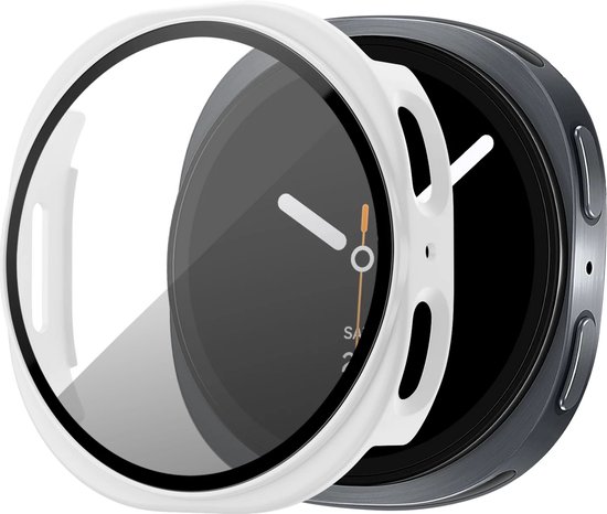 Wit smartwatch hoesje met grijs scherm, naast een zilverkleurig smartwatch hoesje.