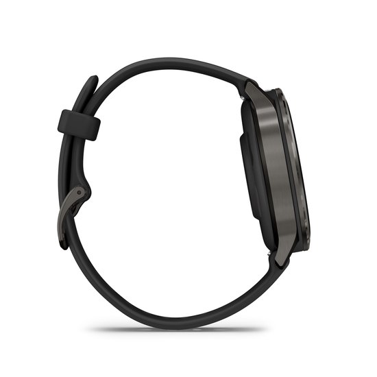 Zijaanzicht van een grijze Garmin Venu smartwatch met zwarte band.