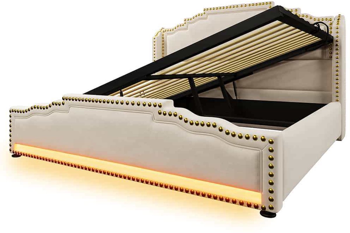 Gestoffeerd Bed 160x200cm Met Hydraulische Opbergruimte, LED Verlichting & USB Poorten - Beige