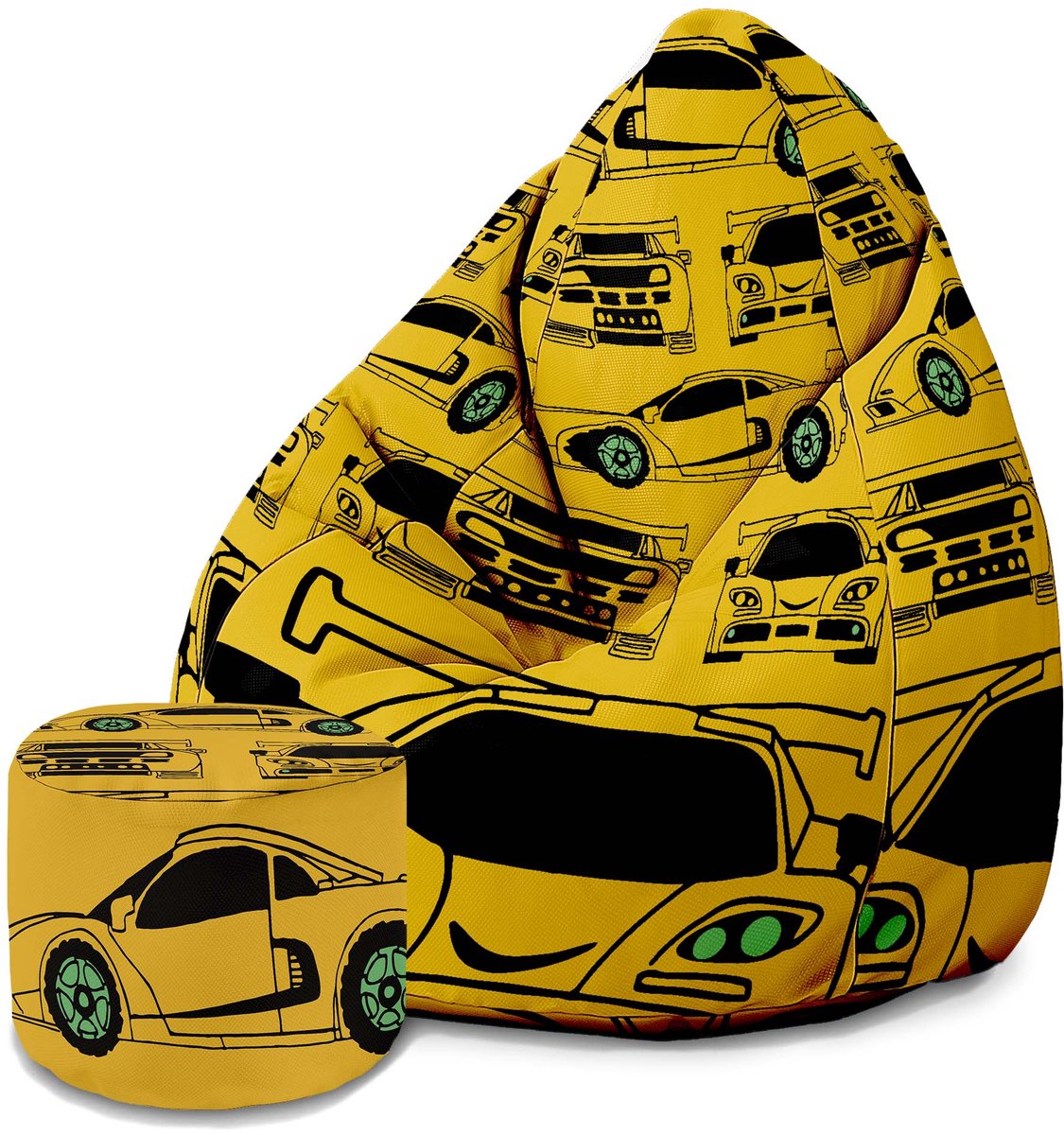 DreamRoots Oxford Zitzak voor Volwassenen – Luxe Beanbag met Voetsteun en Afneembare Hoes – Inclusief Vulling – 80x80x120 cm - Yellow Car