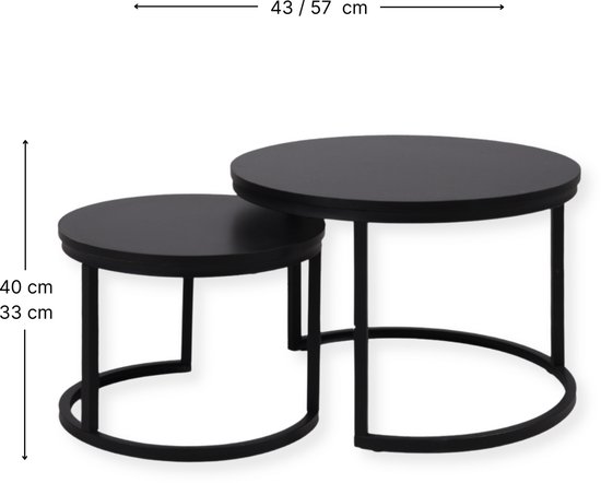 Zwarte ronde salontafelset van 2, met afmetingen 43/57 cm breed en 33/40 cm hoog.