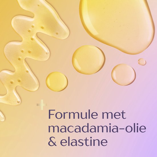 Gouden druppels serum en tekst "Formule met macadamia-olie & elastine".