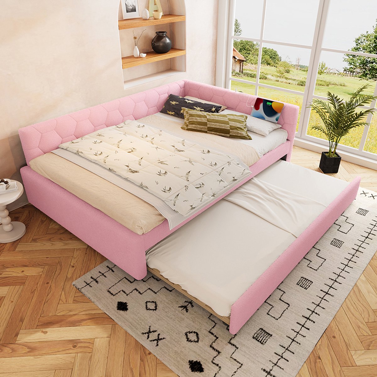 BLACKCOLORS Rustbed, 140*200 cm Rustbed, slaapbank, bed met lattenbodem (zonder matras), met nachtlampje, met multifunctioneel uitschuifbed, USB-poort, type C, comfortabel materiaal, imitatie fleece, roze