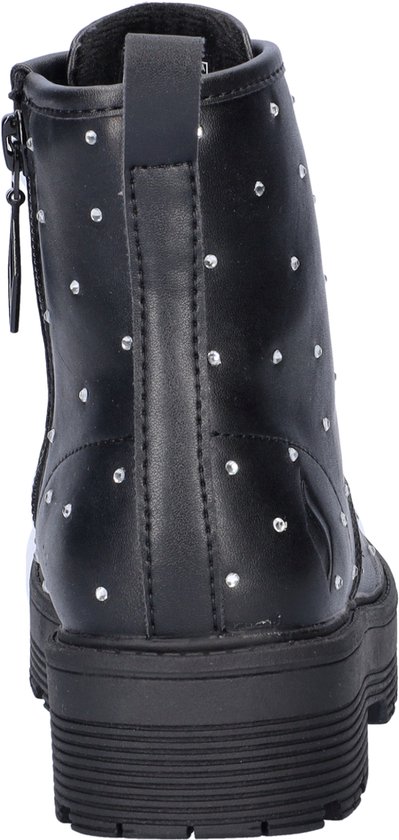 Achterkant van een zwarte Skechers laars met rits, versierd met glimmende steentjes.