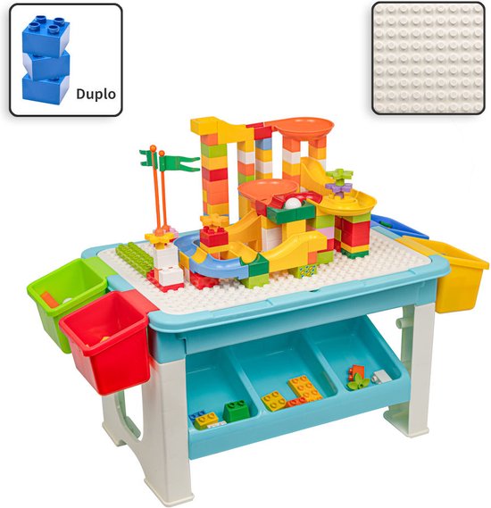 Foto: Speeltafel met bouwplaat geschikt voor duplo blokken en vlakke kant kindertafel met 7 opbergbakken bouwtafel