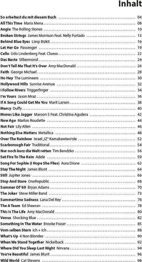 Table des matières de "Let's Play Ukulele Pop Rock Hits", avec chansons et numéros de page.