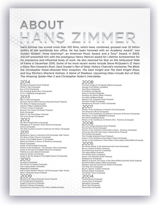 Boek met een gedetailleerde lijst van Hans Zimmer's composities, gesorteerd op jaar.