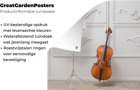 Tuinposter 180x120 cm - Tuindecoratie Een cello tegen een witte muur - Poster voor in de tuin - Buiten decoratie - Schutting tuinschilderij - Tuindoek muurdecoratie - Wanddecoratie balkondoek