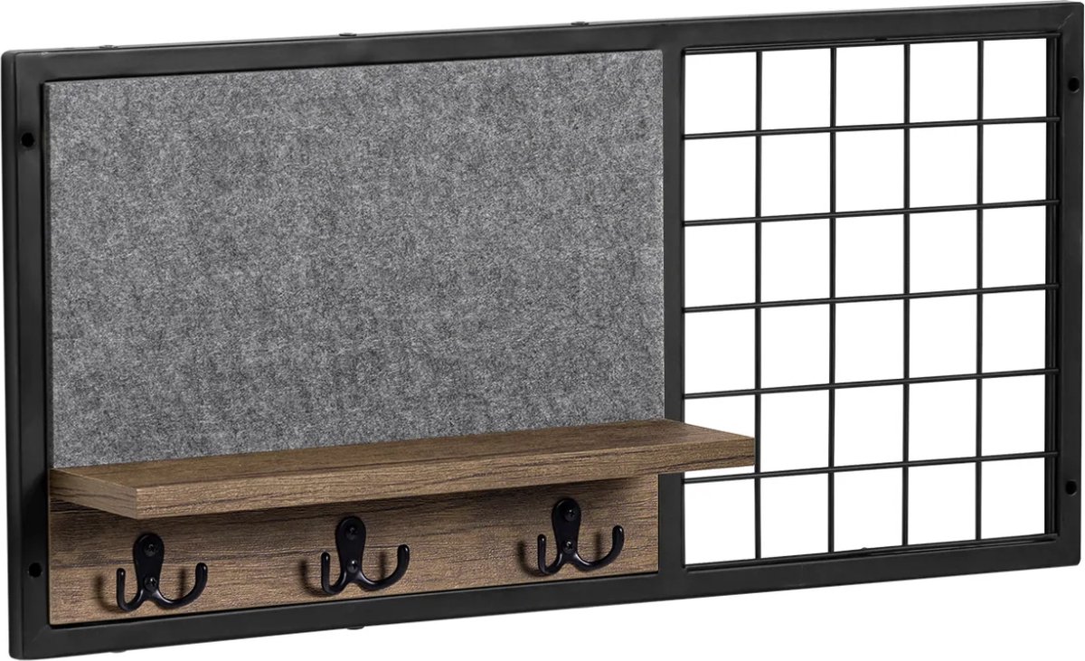 Mara Wandplank - Wandkapstok Met Hoedenplank - Kapstok - Vilten Memobord - Rasters - 1 Plank - 3 Dubbele Haken - 67 x 12 x 32 cm