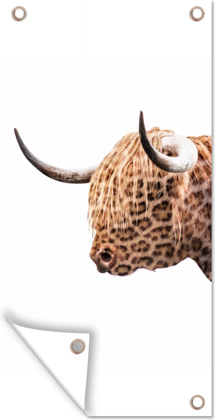 Tuinposter 30x60 cm - Tuindecoratie Schotse hooglander - Panter - Wit - Poster voor in de tuin - Buiten decoratie - Schutting tuinschilderij - Tuindoek muurdecoratie - Wanddecoratie balkondoek