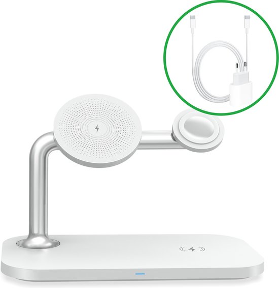 Phreeze 3-in-1 Magnetische Draadloze Oplader + 20W USB C Adapter - 15W - Snellader - Wit - Wireless Fast Charger - Geschikt voor iPhone, iWatch, Draadloze Oordopjes