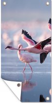 Tuinposter Flamingo - Vogel - Water - Roze - 30x60 cm - Tuindoek - Buitenposter