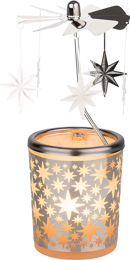 Windlicht van glas met carrousel, motief sterren, hoogte 15 cm