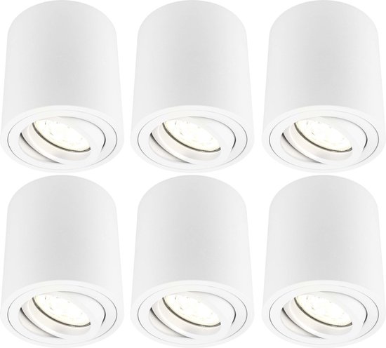 Ledvion 6x Ledvion LED Opbouwspot, Rond, Wit, 5W, 2700K, Kantelbaar, IP20, Dimbaar, Opbouw armatuur, Binnen Lamp Plafondlicht, Kantelbare Spotlight Plafondlamp