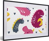 Poster in fotolijst kind - Dino - Patronen - Kind - Roze - Meisjes - Wanddecoratie meisjes - Decoratie voor kinderkamers - 60x40 cm - Slaapkamer decoratie