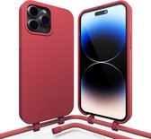 Coverzs Silicone case met koord - Telefoonhoesje met koord - Backcover hoesje met koord - touwtje - geschikt voor Apple iPhone 14 Pro - rood