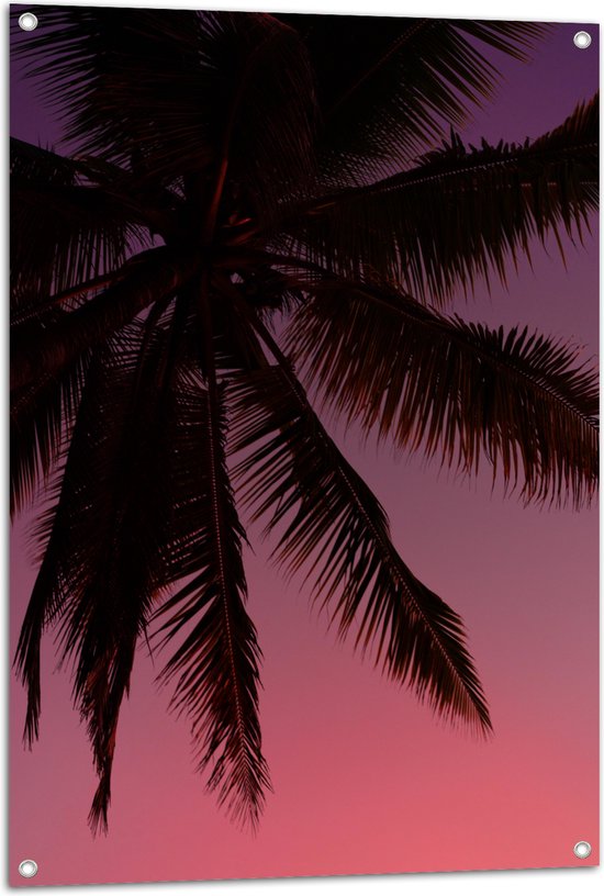 WallClassics - Tuinposter – Silhouette van een Palmboom bij Roze Lucht - 70x105 cm Foto op Tuinposter (wanddecoratie voor buiten en binnen)