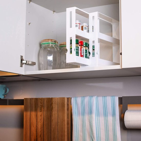 UPP Kruidenrek uittrekbaar, praktisch kastinzet, opbergsysteem voor keuken en badkamer, ruimtebesparend nisrek als kastsysteem of direct op het werkblad, kunststof, wit van UPP — afbeelding 4