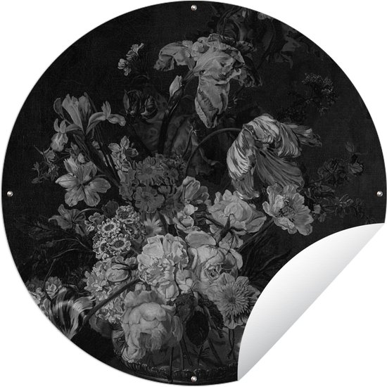 Tuincirkel Stilleven met bloemen - Schilderij van Cornelia van der Mijn - zwart wit - 60x60 cm - Ronde Tuinposter - Buiten