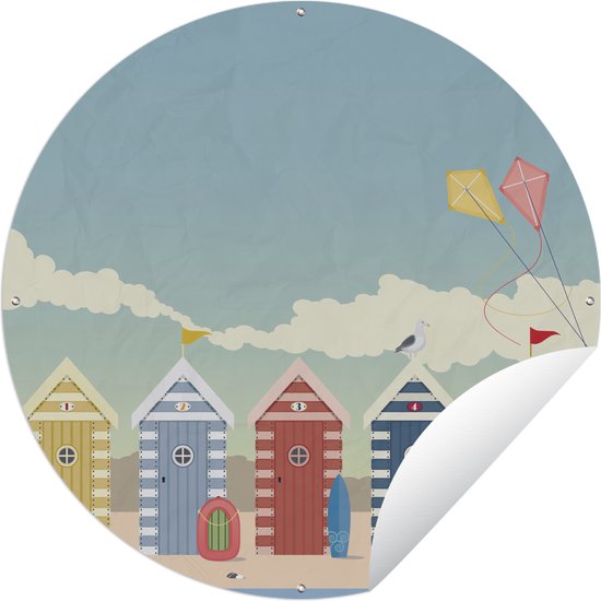 Tuincirkel Een illustratie van gekleurde strandhuisjes - 60x60 cm - Ronde Tuinposter - Buiten