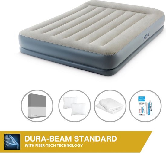 Intex Airbed Set - 2 Personnes - 152 x 203 x 30 cm - Grijs - Avec Pompe Intégrée + Hoeslaken Housse Anthracite + Oreiller + Taies d'oreiller Molton 2 en 1 + Kit de Réparation