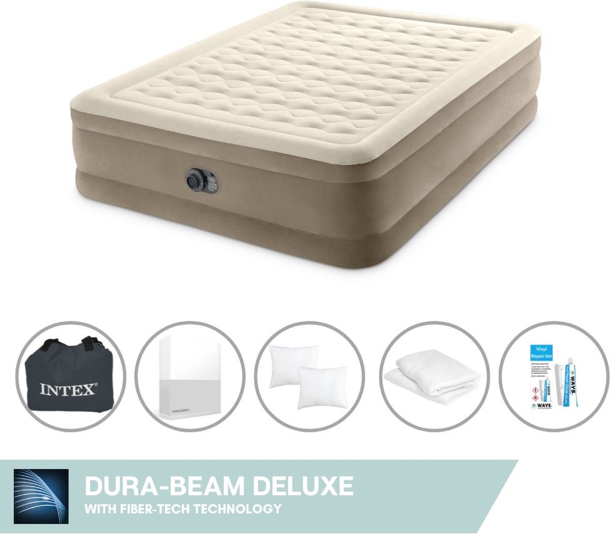 Intex Luchtbedset - 2-Persoons - 152 x 203 x 46 cm - Beige - Met Ingebouwde pomp + Hoeslaken Wit + Kussen + Molton 2 in 1 Kussenslopen + Reparatieset