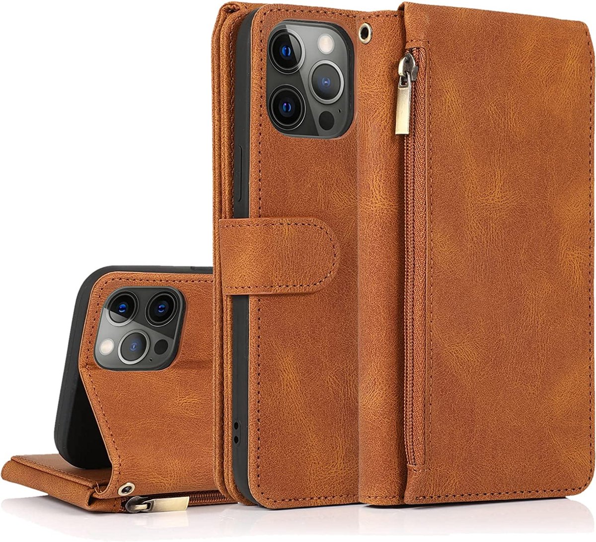 Casemania Hoesje Geschikt voor Apple iPhone 13 Pro Max - Bruin - Luxe Portemonnee Book Case met Rits & Extra Vakken