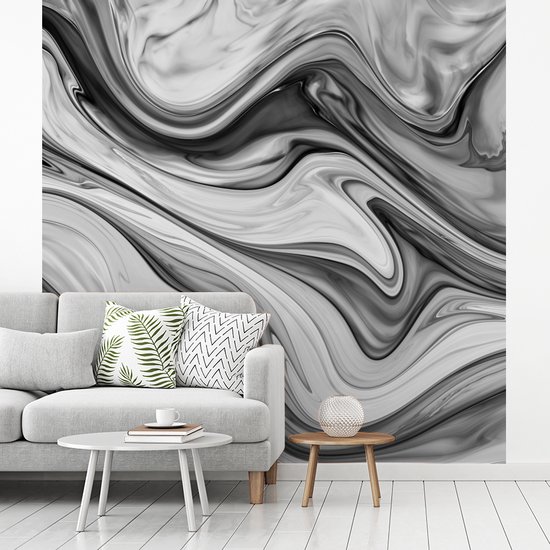 Behang - Fotobehang Marmer - Patronen - Grijs - Marmerlook - Zwart - Breedte 280 cm x hoogte 280 cm