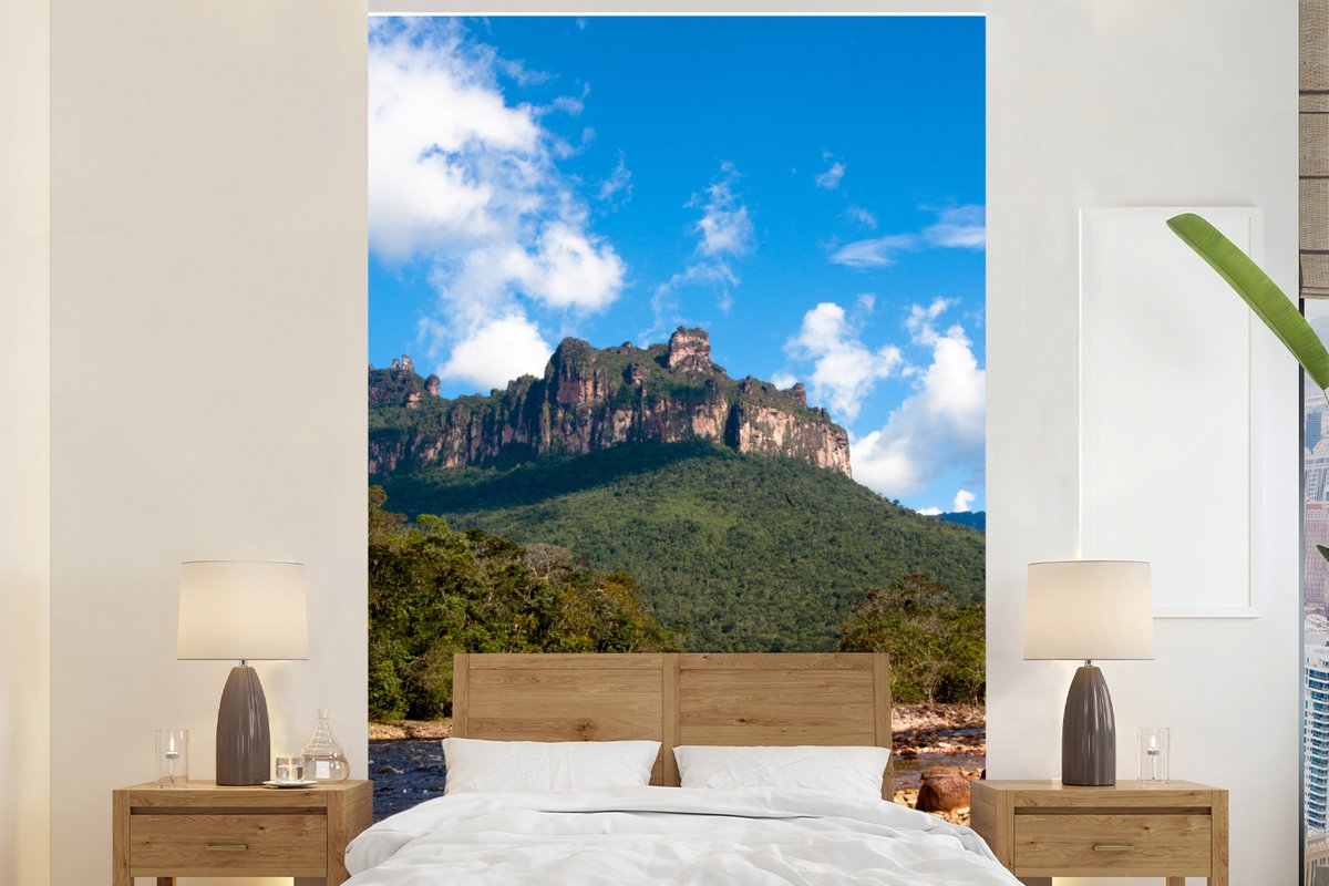 Behang - Fotobehang Meer voor het berglandschap van het Nationaal park Canaima in Venezuela - Breedte 160 cm x hoogte 240 cm