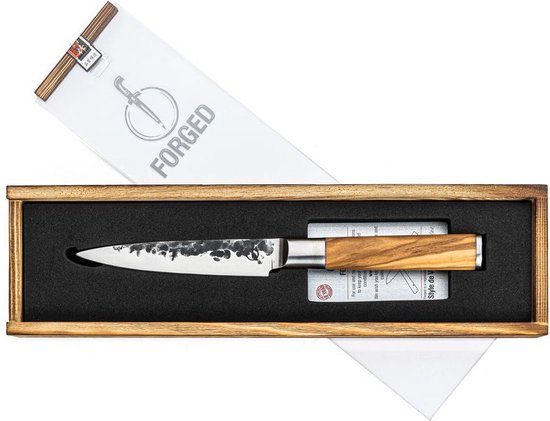 Forged Olive Universeel keukenmes 13cm - Olijfhout - In Houten Giftbox