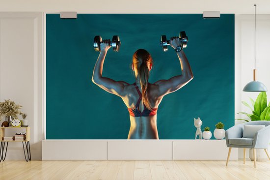 Papier peint Papier peint photo en vinyle - Une femme tient deux poids pendant le fitness largeur 390 cm x hauteur 260 cm - Tirage photo sur papier peint (disponible en 7 tailles)