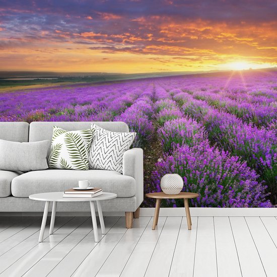 Behang - Fotobehang Lavendel - Wolken - Lente - Breedte 375 cm x hoogte 280 cm